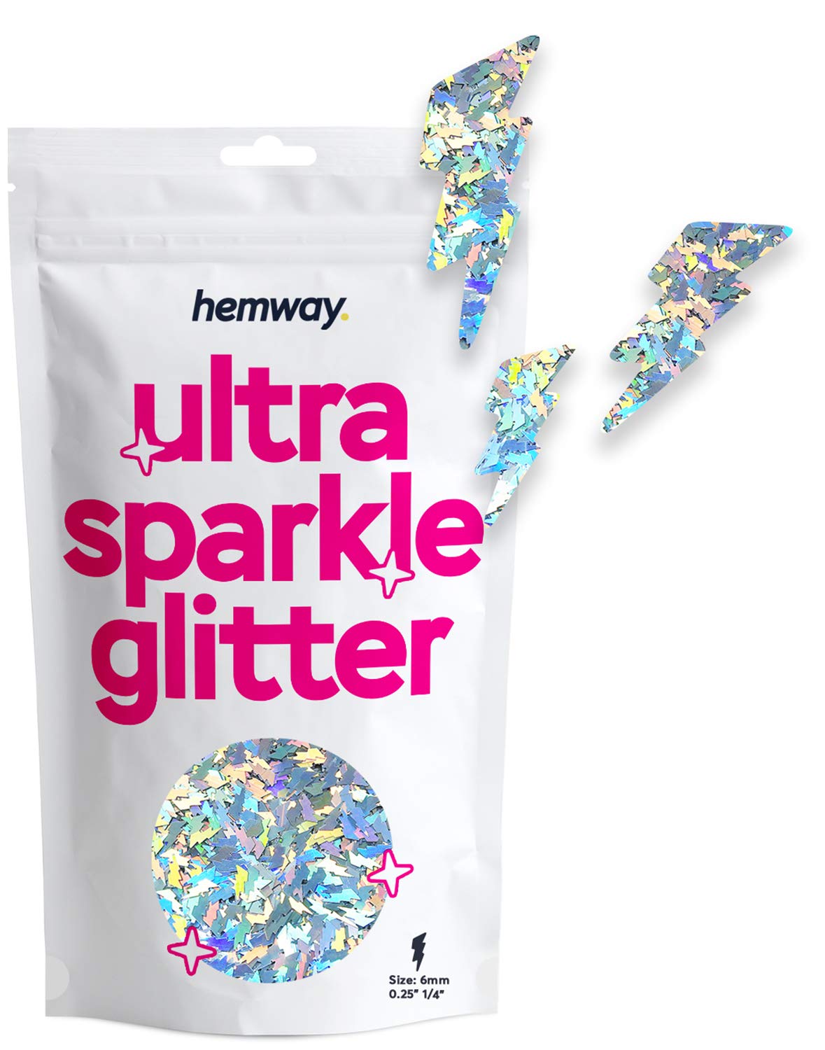 Hemway Ultra Sparkle Glitter Lightning Shape, 50g, Silver Holographic | Shaped Glitter for Arts & Crafts, Nail Art, Crafting, Card Making, Sparkle Decoration