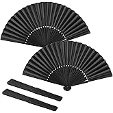 Tkocisa 2 Pack Bamboo Handheld Silk Folding Fan, Small Chinese/Japanese Folding Hand Fan for Women, Black Hand Fan for Wedding, Church, Performance, Dance, Beach, Travel, Party &amp; Gift