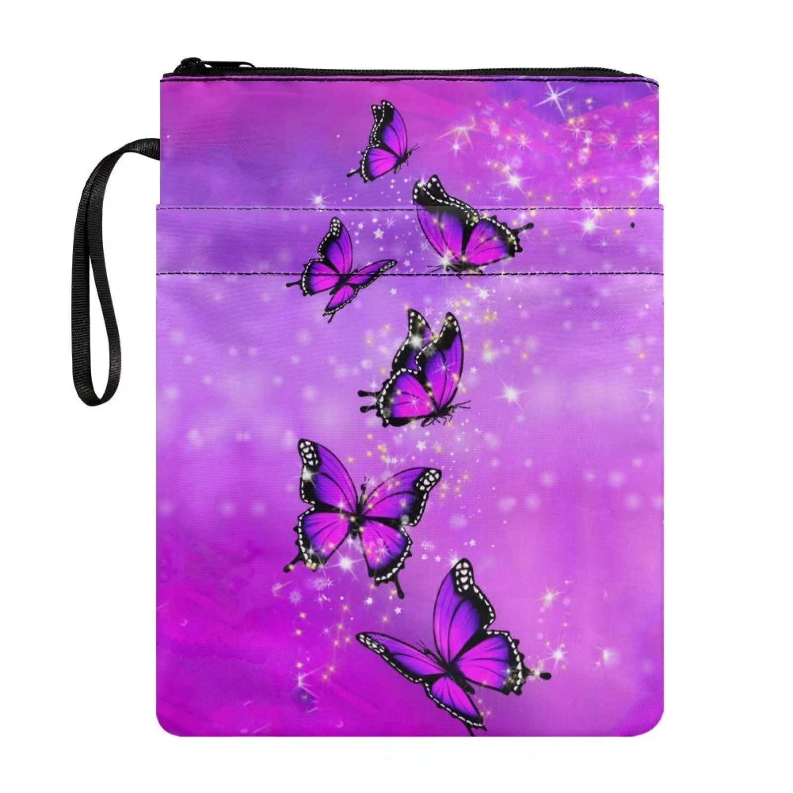 Poceacles Purple Butterflies Print Durable Book Sleeve Covers for Hardcover, School Protector Carrier Sox Pouch With Zipper