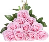 DuHouse 10Pcs Artificial Roses Silk Flowers Realistic Bridal Bouquets Pink
