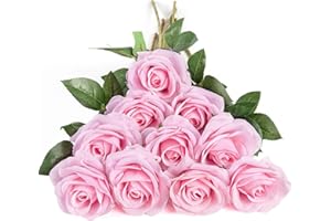 DuHouse 10pcs Fake Roses Artificial Silk Flowers Faux Rose Flower Long Stems Bouquet for Arrangement Wedding Centerpiece Party Home Kitchen Decor (Pink)