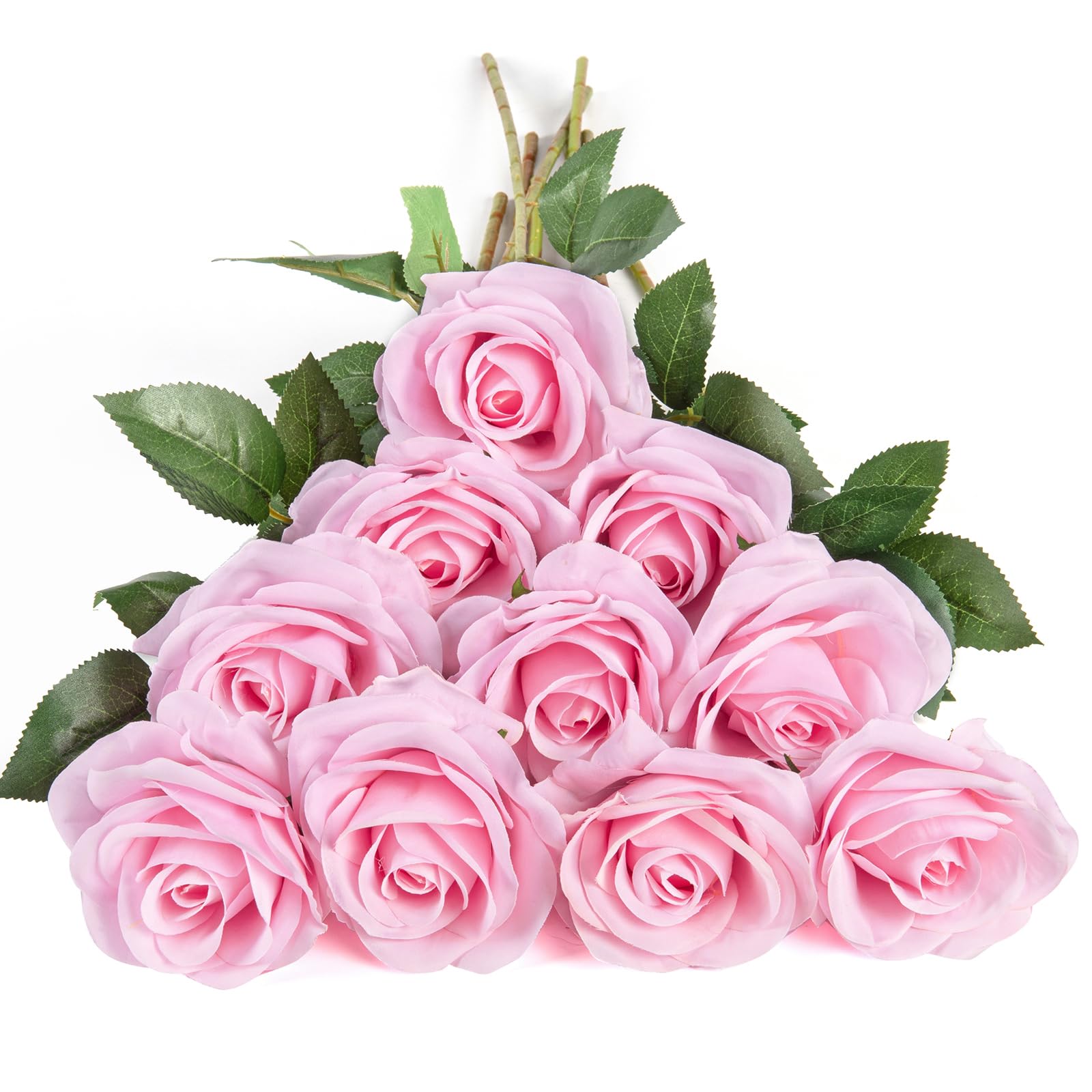 DuHouse 10Pcs Artificial Roses Fake Silk Flowers Realistic Bridal Bouquets with Single Long Plastic Stems for Arrangement Wedding Table Centerpiece Party Home Decor(Pink)