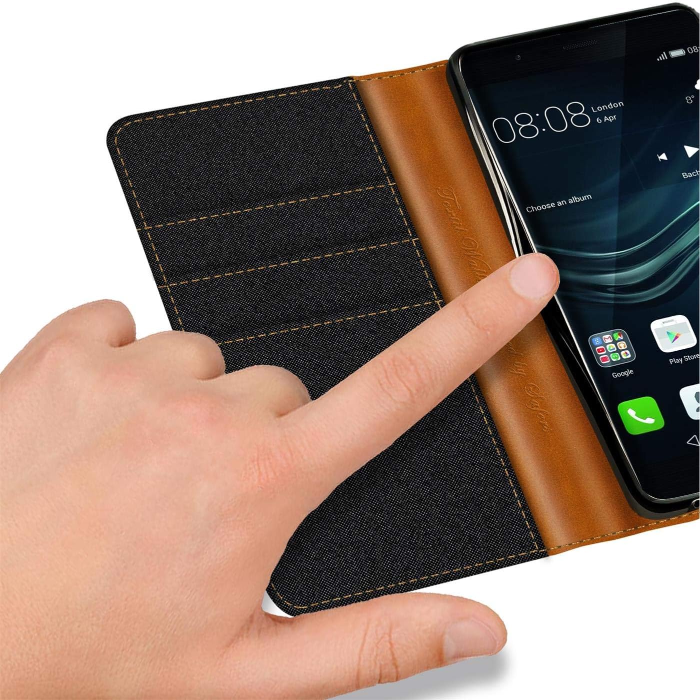 Verco Phone Wallet Case compatible with the Huawei P9, Canvas Faux Leather Book Cover for the P9 Flip Case Bag Hinged - Black - Image 4