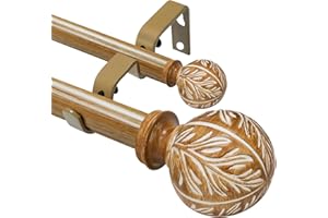 YCOLNAEFLLR Wood Double Curtain Rods for Windows 28 to 48 inches:Farmhouse Decorative Double Curtain Rod for Bedroom Living Room,Heavy-Duty Adjustable Rustic Drapery Rods with Imitation Wood Grain Finials