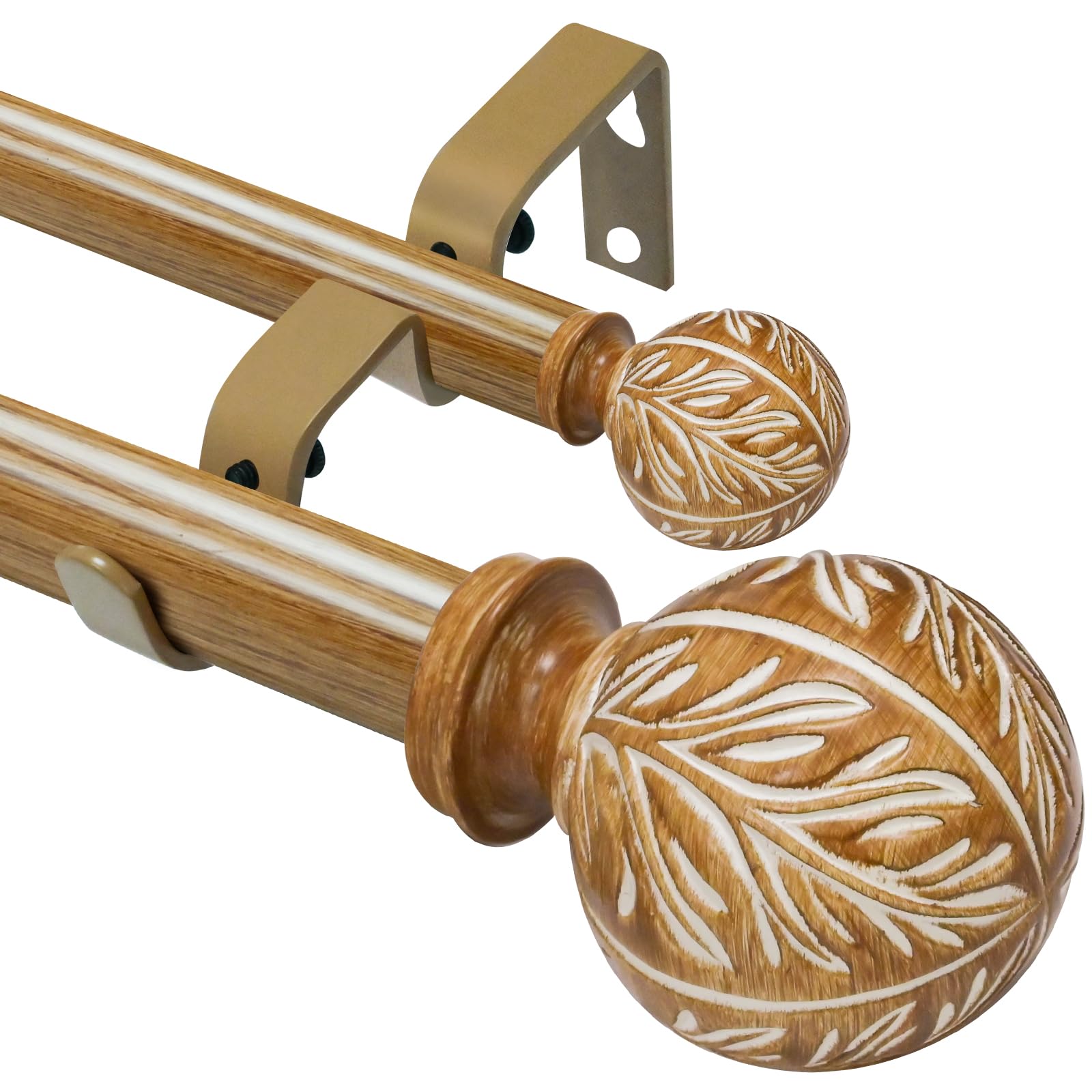 Photo 1 of Wood Double Curtain Rods for Windows 66 to 120 inches:Farmhouse Decorative Double Curtain Rod for Bedroom Living Room,Heavy-Duty Adjustable Rustic Drapery Rods with Imitation Wood Grain Finials