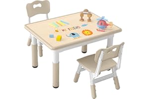 DOREROOM Kids Table and 2 Chairs Set, Height-Adjustable Toddler Table and Chair Set with Graffiti Desktop, 31.5''L x 23.6''W Children Activity Table for Daycare, Classroom, Home