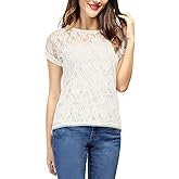 Allegra K Women's Lace Floral Short Sleeve T-Shirt Crew Neck Casual Semi Sheer Tops