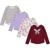 Girls Long Sleeve Fall Graphic Tops, School Sports Tees, 4 Pack Multiple Pattern Tshirts