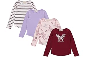 BTWEEN Girls Long Sleeve Fall Graphic Tops, School Sports Tees, 4 Pack Multiple Pattern Tshirts