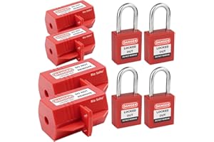 Rio Salto Plug Lock for Lockout Tagout Kit, OSHA Compliant Red Electrical Plug Lock Cover Loto (for 110 Volt and 220 Volt Plugs) - 2 Small 2 Medium with Padlocks