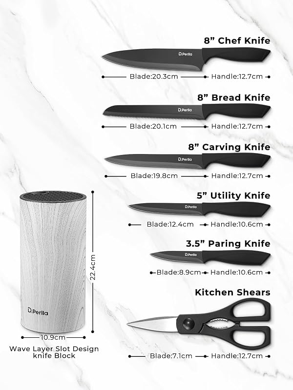 7 Pièces Set Couteau Cuisine en Acier Inoxydable, Bloc Couteaux Cuisine Verticale, Manche Confortable Ergonomique Ensemble de Couteau, Noir