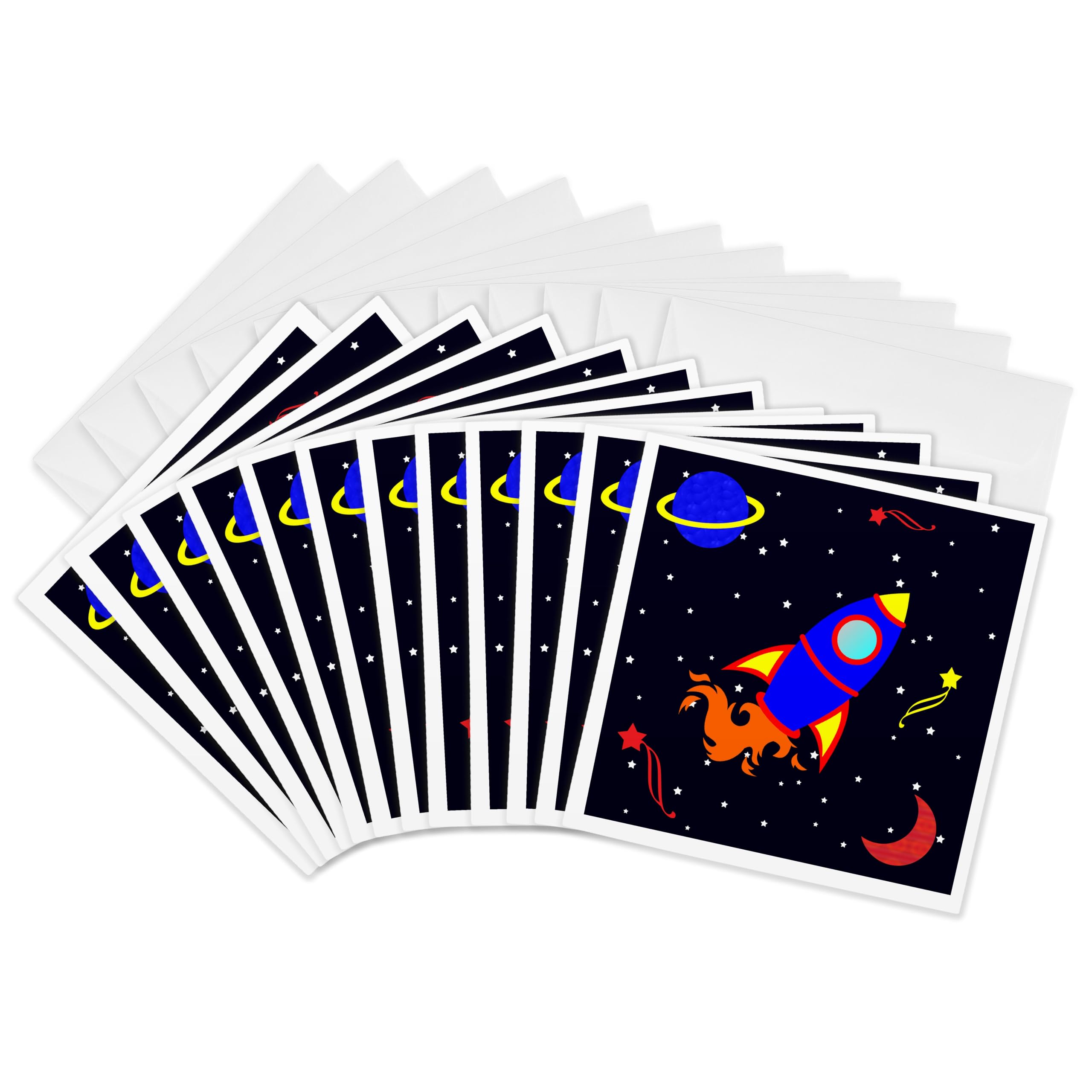 3dRose gc_12156_2 6 x 6-Inch"Cute Blue Boy Cute Rocket in Space" Greeting Card (Pack of 12)