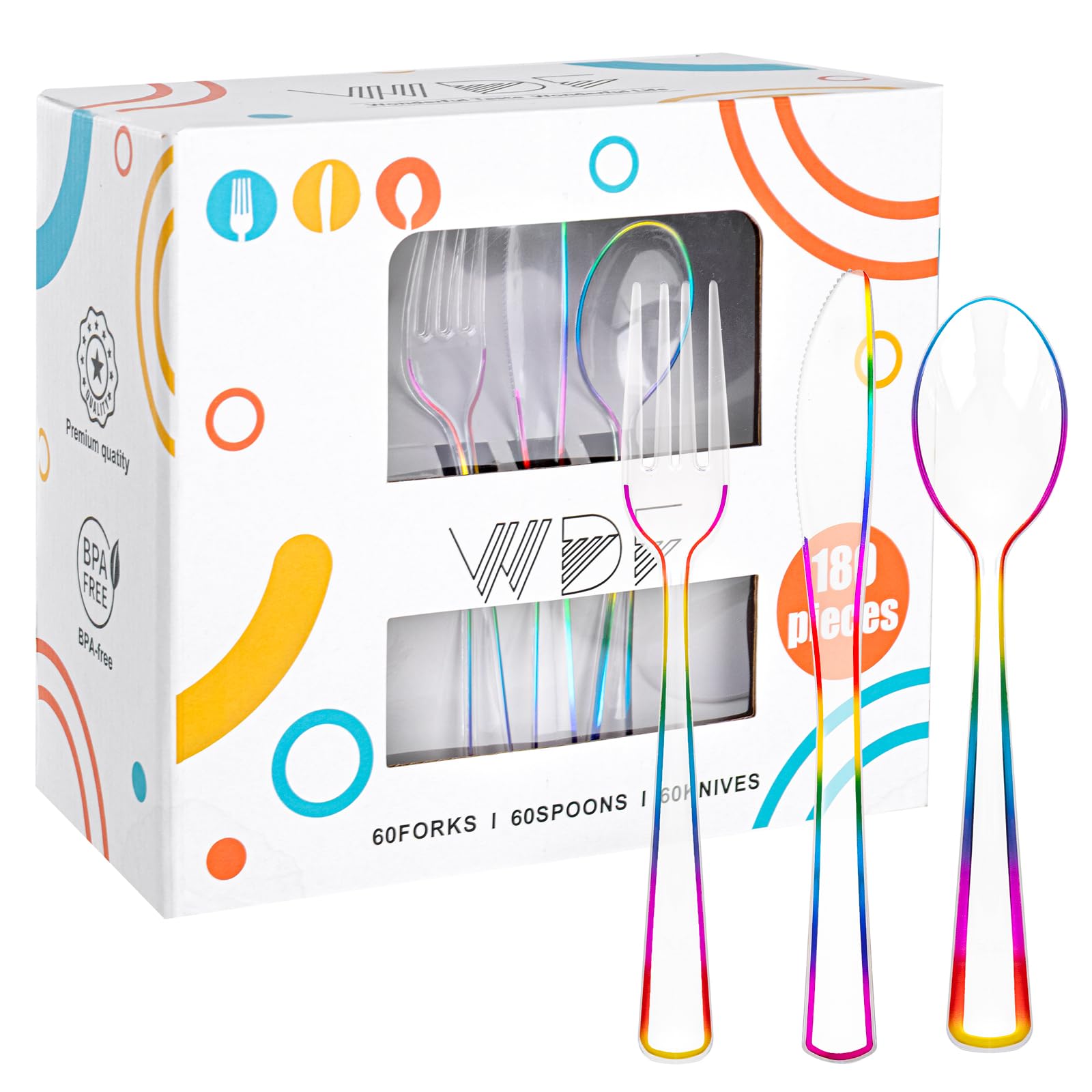 Photo 1 of  Rainbow Plastic Silverware - Clear Colorful Cutlery Disposable Heavy Duty 
