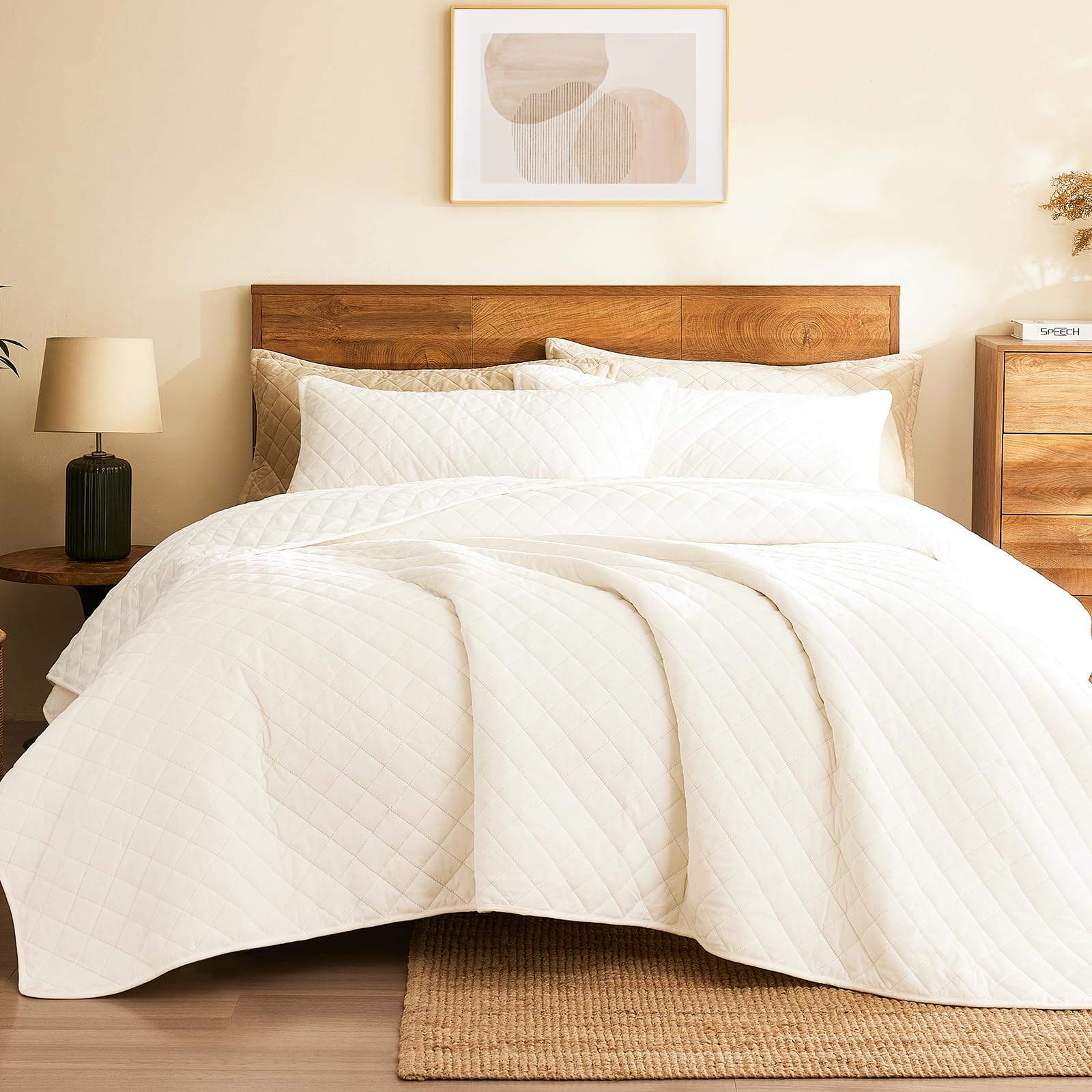 Photo 1 of L'AGRATY Velvet Quilt King Size: 3-Piece Reversible Luxury Velvet Bedding Comforter Set - Lightweight Oversized Quilted Bedspread Coverlet with 2 Pillow Sham for All Season - Cream White Quilt
