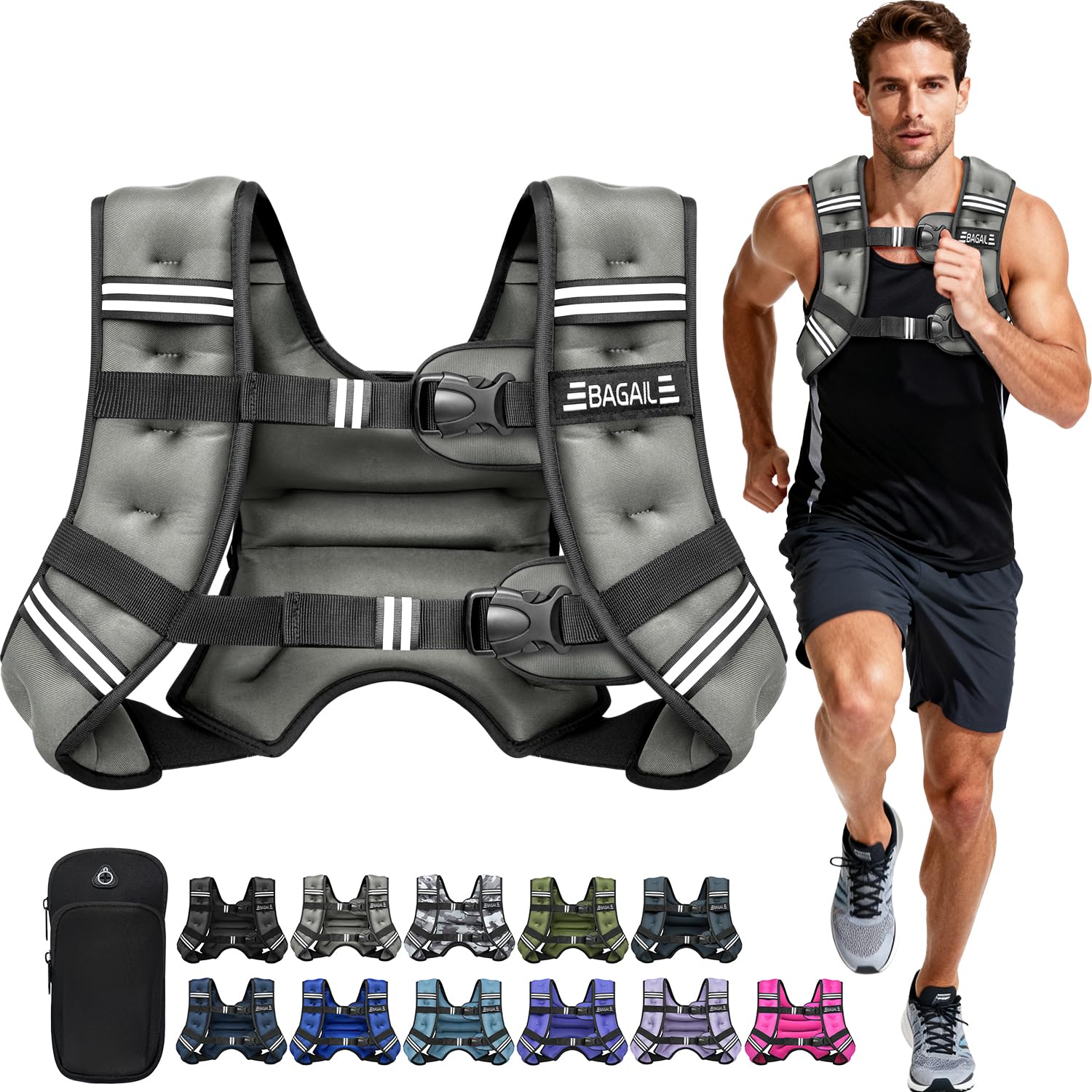 BAGAIL Comfort-Fit Weighted Vest for Running & Rucking - Boost Calorie Burn in Half the Time - Breathable, No-Chafe Design with Detachable Phone Pouch (Available 5-30lbs) Image