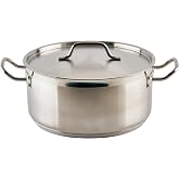 Winco 10 qt Stainless Steel Brazier Pan with Lid | Flat bottom, Wide base, Riveted handles, Induction safe, Great for Braising, Simmering, Batch Cooking and Restaurant Kitchens