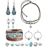 JELIEE Western Jewelry Set for Women - Bohemian Turquoise Pendant Choker, Faux Leather Cuff Bracelet, Hoop Dangle Earrings, Opal Joint Knuckle Rings