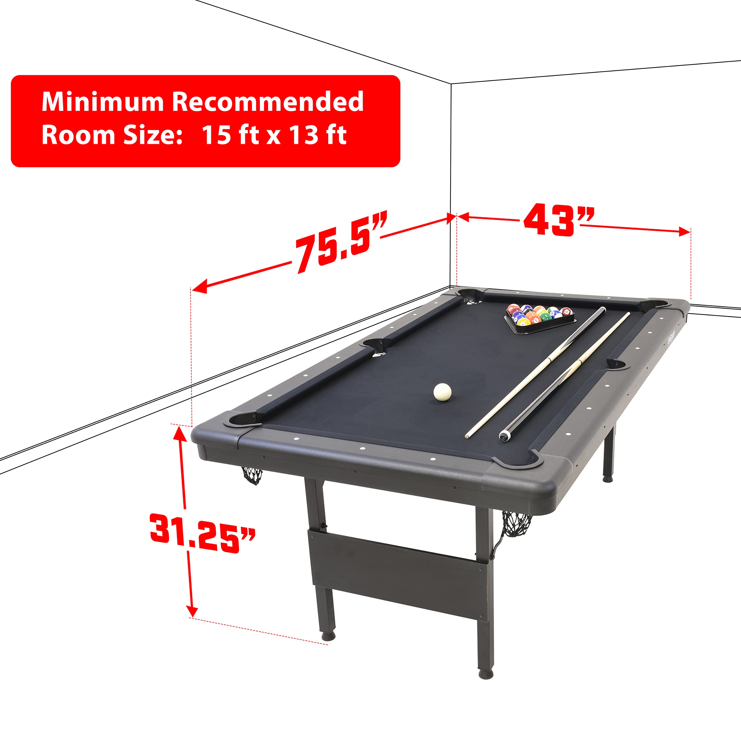 GoSports 6, 7, or 8 ft Billiards Tables - No Assembly, Choose Your Color - Portable Pool Table Includes Full Set of Balls, 2 Cue Sticks, Chalk and Felt Brush