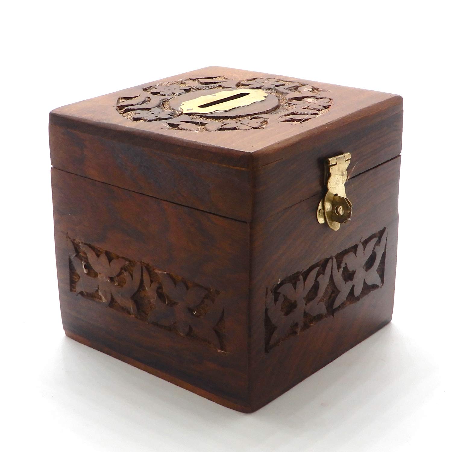 ASP Online Traders Wooden Coins Storage Box, Square Shape Money Bank with Carving work and Lock, Safe Money Storage Box, Piggy Bank for Kids & Adults 4 X 4 Inch