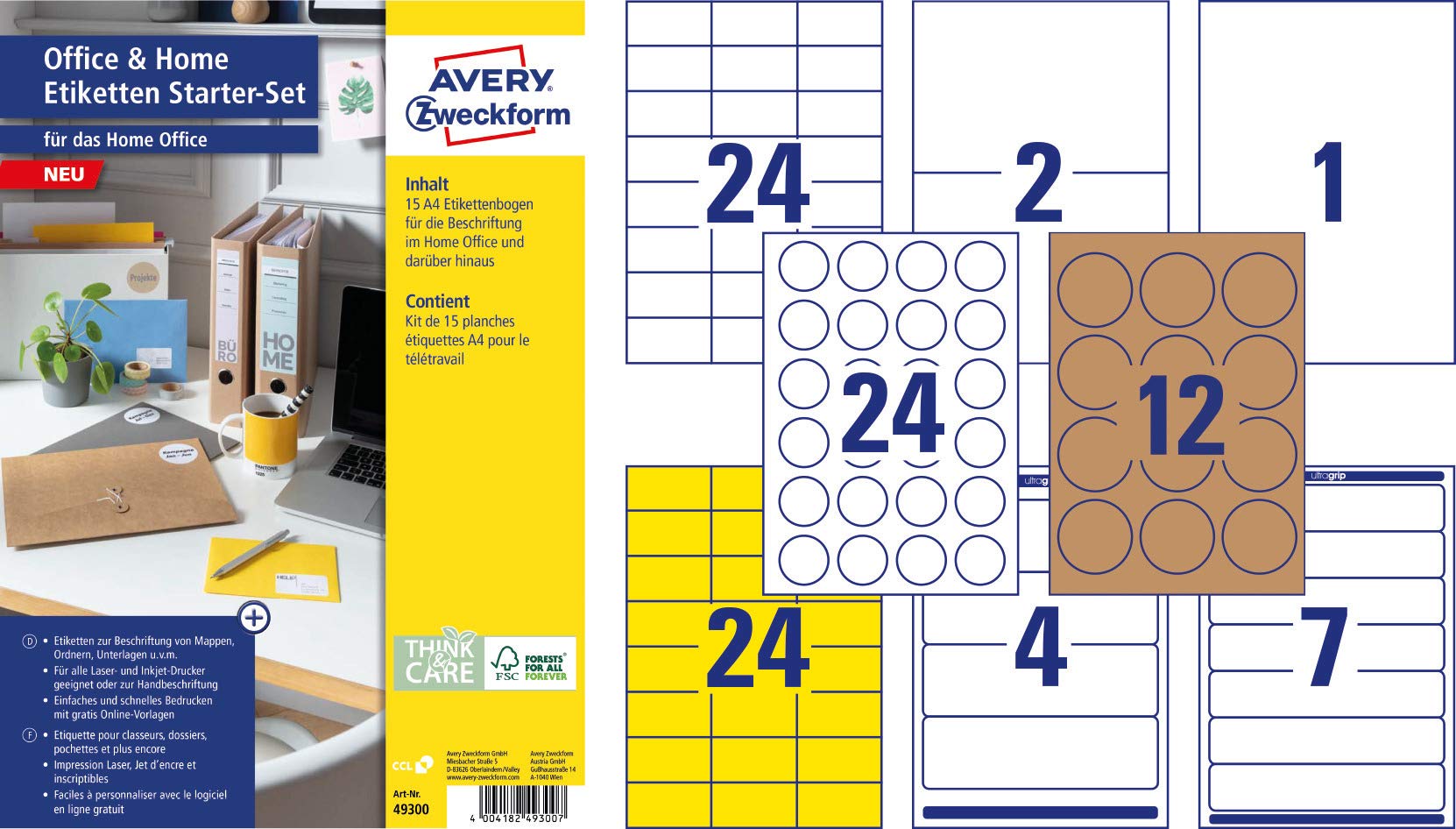 Avery Zweckform Labels (Home Office, 189 Stickers on DIN A4, Self-Adhesive and Printable, Address Labels, Folder Spine Labels, Yellow, Round and Brown Adhesive Labels) 49300
