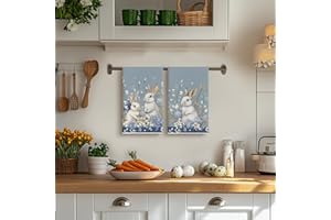 Bunny Hydrangea Easter Kitchen Towels Dish Towels, 18x26 Inch Spring Farmhouse Wild Flowers Decoration Hand Towels Set of 2