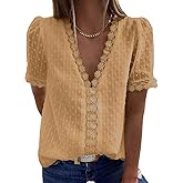 Eytino Womens Plus Size Tops Casual Summer Short Sleeve V Neck Lace Crochet Chiffon Blouses Shirts(1X-5X)