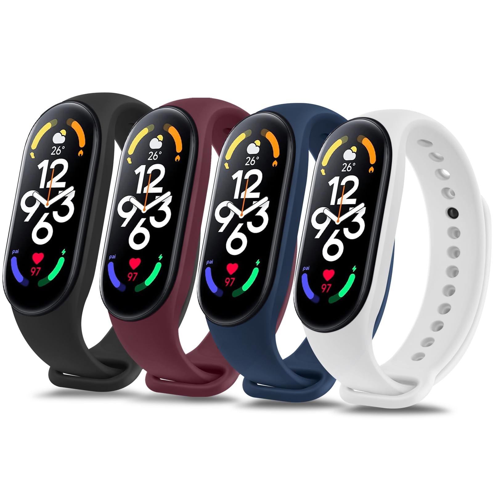 Vancle Pack of 4 Wristbands for Xiaomi Mi Band 7 Bracelet for Men and Women, Silicone Sport Soft Replacement Watch Strap for Xiaomi Mi Band 7 (Black/Navy Blue/Red Wine/White)