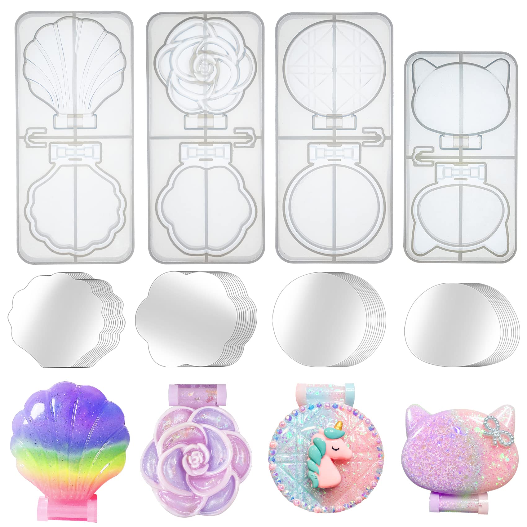 Compact Mirror Jewellery Making Epoxy Resin Silicone Moulds Seashell Cat Rose Round with Acrylic Mirrors Supplies 44-kit