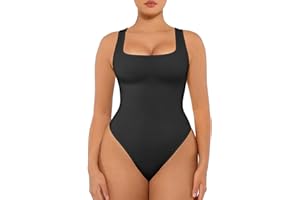 FeelinGirl Bodysuits for Women Seamless Square Neck Tummy Control Compression Thong Shapewear Bodysuit Tank Tops Bodysuit