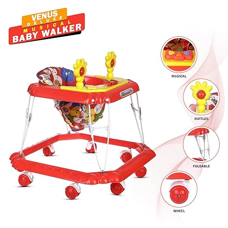 NHR Venus Deluxe Musical Baby Walker with rattles for 6-12 Months Baby boy and Girl (Red)