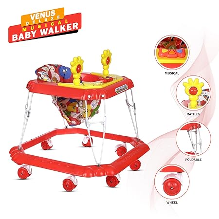 Dash Venus Deluxe Musical Baby Walker with rattles for 6-12 Months Baby boy and Girl (Red)