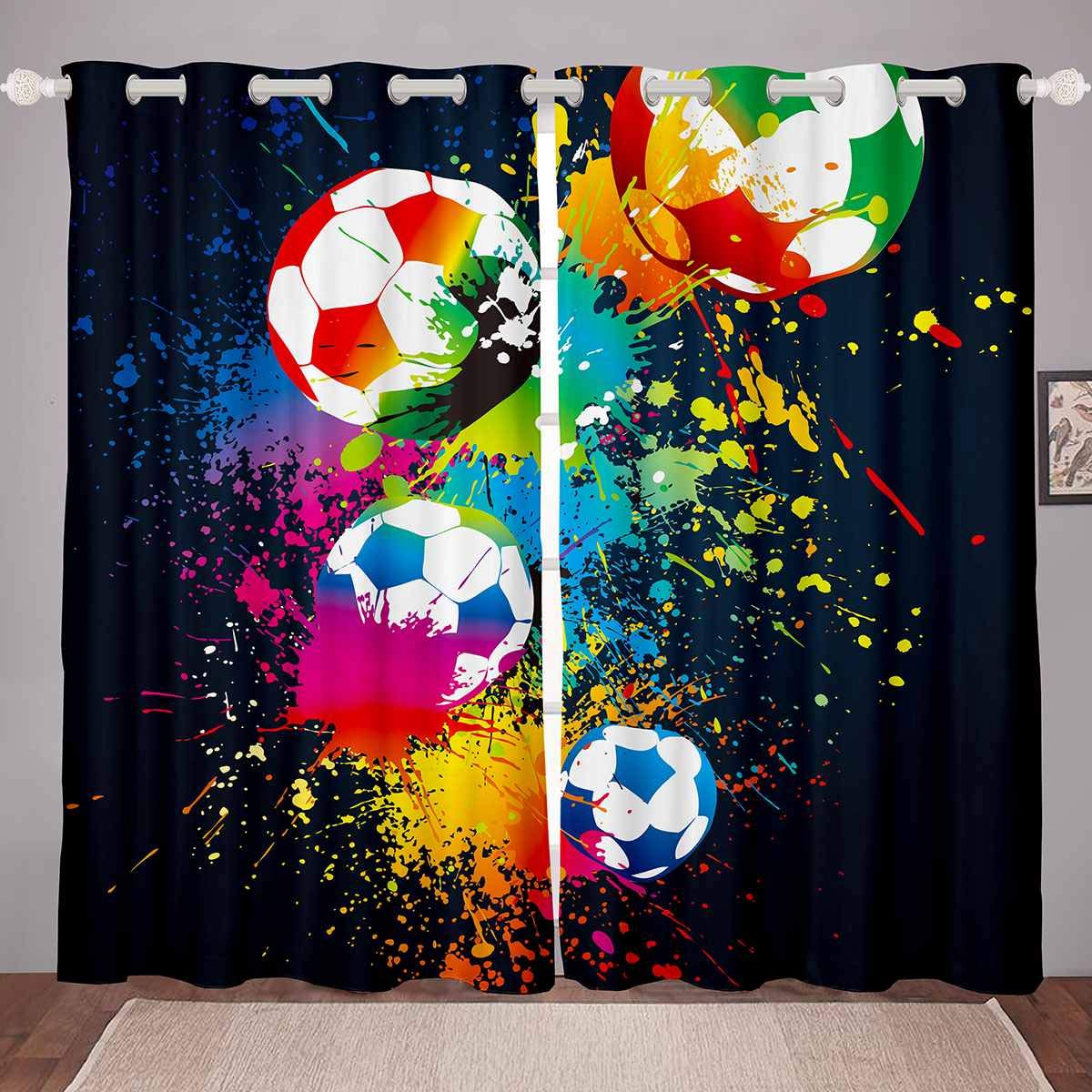 Loussiesd Sport Curtains for Girls Boys Children Kids Football Window Drapes Sports Theme Games Window Curtains for Bedroom Living Room Bright Vibrant Soccer Ball Pattern Window Treatments,W52*L63 — image 1