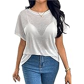JDEEO Sheer Tops for Women See Through Oversized T Shirts, Short Sleeve Casual Summer Blouse