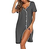 Ekouaer Women's Nightgown Button Down Nightshirt Short Sleeve Sleepshirt Soft V Neck Sleepwear Pajama Dress
