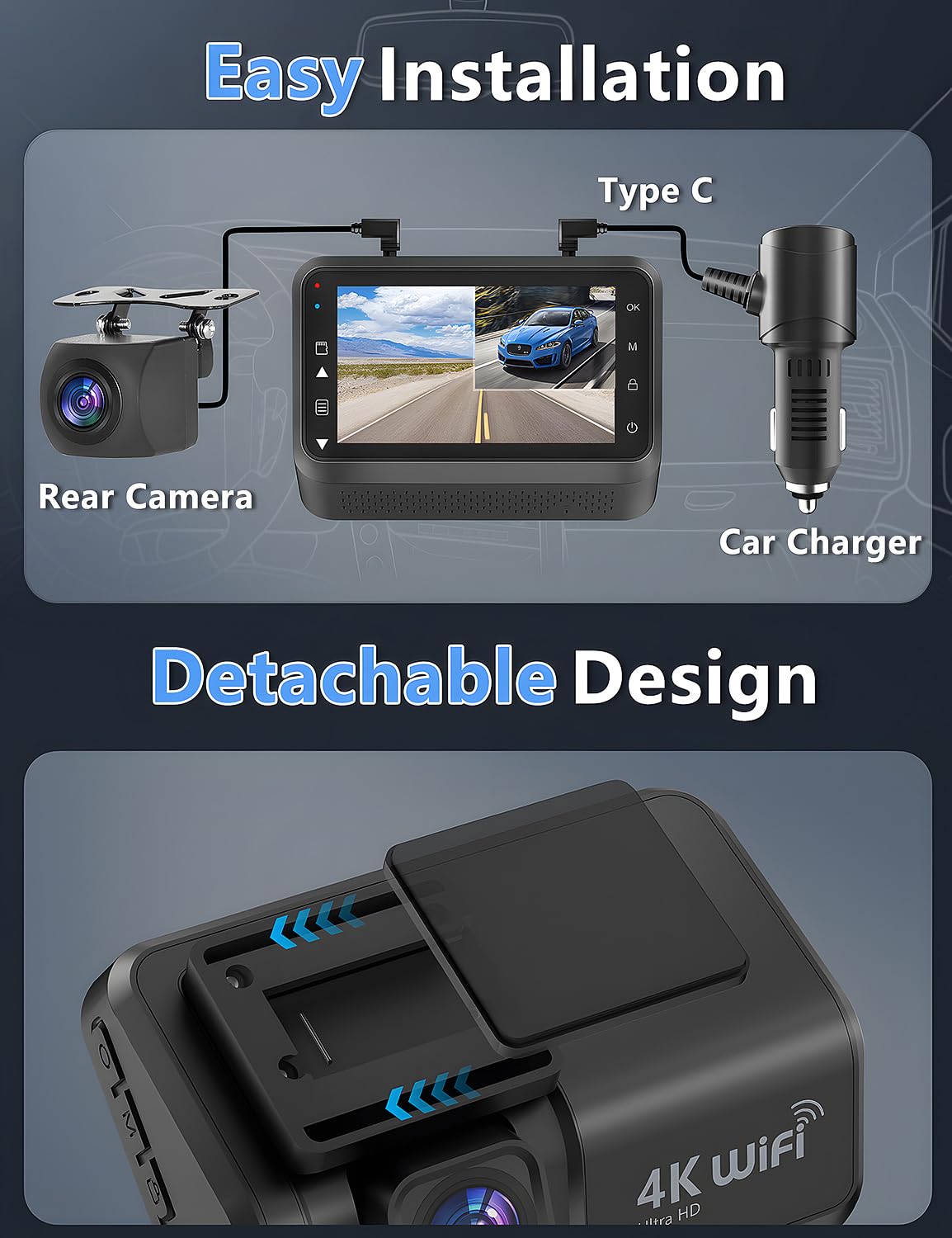 Dash Cam Front and Rear Camera, 4k+1080P WiFi Dual Dash Cam with APP, 3’’ IPS Dash Camera for Cars with Free 64GB Card, Otovoda Dashboard Camera with Night Vision, 24/7 Parking Monitor, WDR