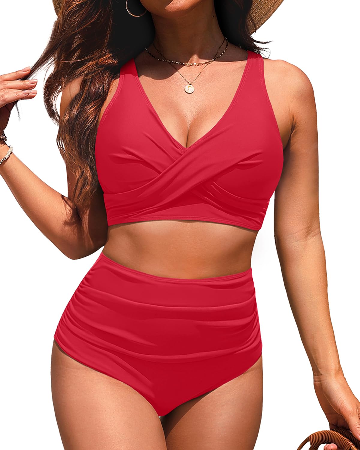 Photo 1 of High Waisted Two Piece Swimsuit-Womens Bikini Set Tummy Control Bathing Suit Modest Full Coverage Bikini 2025 Red L