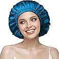 YFONG Double Layered 100% Silk Bonnet for Sleeping Women, 22 Momme Pure Mulberry Silk Sleep Cap with Adjustable Elastic Band Stay On Head，Reduce Frizz, Keep Hairstyle, Soft & Breathable, Blue, M