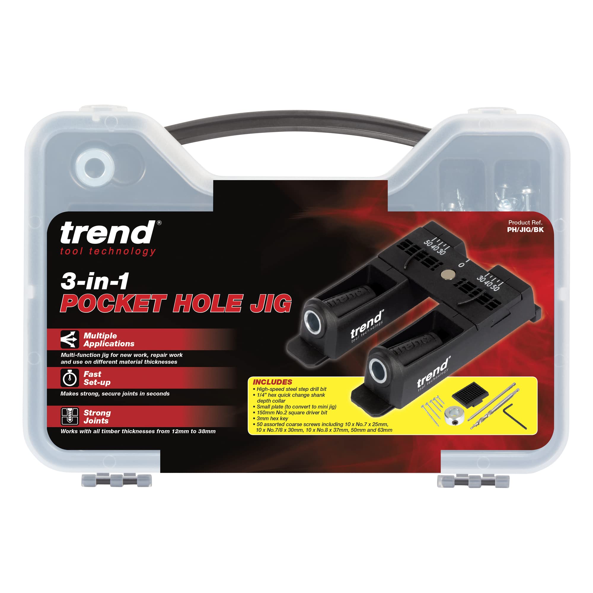 Trend 3 in 1 Pocket Hole Jig Kit with Pocket Hole Jig, HSS Drill Bit & Depth Setting Collar, Square Drive Bit, 50 Screws & Kit Storage Case, PH/JIG/BK
