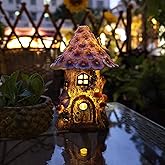 Fairy Garden House Outdoor Figurine Lights, Fairy Houses for Outside, Garden Statues Mushroom House, for Patio, Yard, Balcony Decoration, Outdoor Decorations Yard and Birthday Gifts for Mom Women