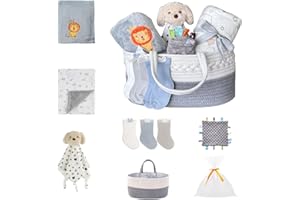 CREVENT Baby Gift Set for Newborns -Diaper Caddy Organizer Basket with 2 Blankets, 1 Taggie, 1 Lovey, 3 Socks，1 Gift Bag with