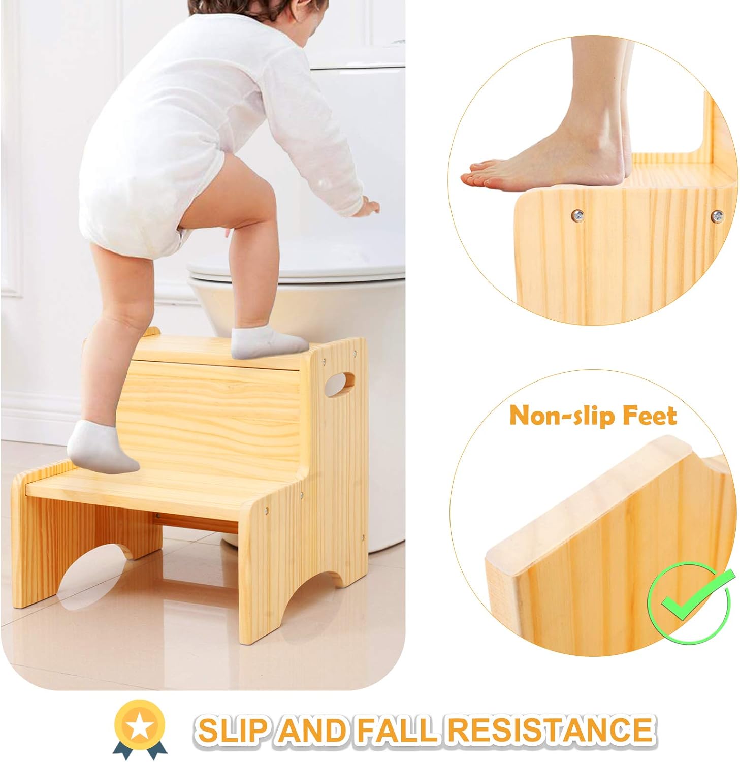 WOOD CITY Toddler Step Stool for Kids, Wooden Two Step Children's Stool with Handles, Bonus Non-Slip Pads for Safety, Bathroom Potty Stool & Kitchen Step Stools, Pine Wood: Furniture & Decor