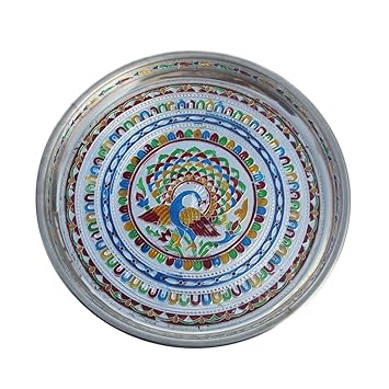 Handicrafts Paradise Puja thali in Stainless Steel with Meena Work in Peacock