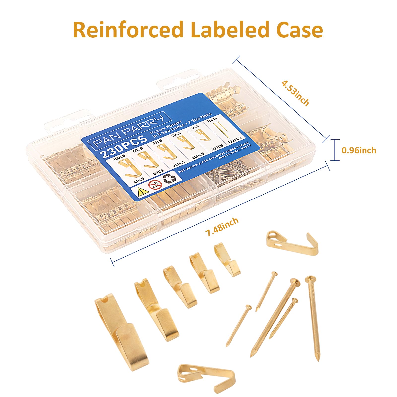 230PCS Picture Hanging Kit, Heavy Duty Picture Hangers for Drywall 5 Sizes 100-10lbs Picture Hooks for Hanging Hardware Mirror, Pictures Frame Hanger Include Nails