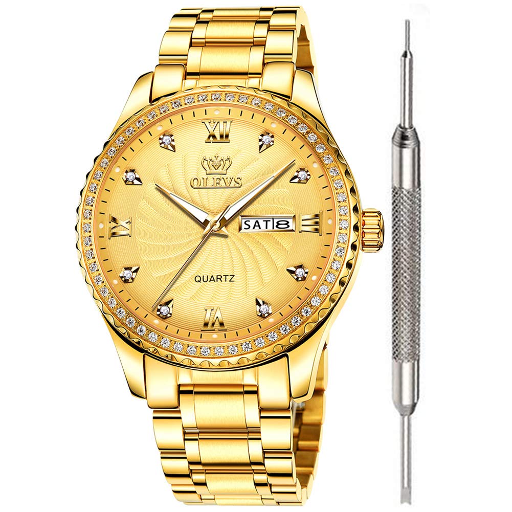OLEVS Gold Watches for Men Waterproof Diamond Luxury Best Watches for Men Calendar Date Analog Quartz Watch Stainless Steel Classic Wrist Watch Christmas Day Gifts