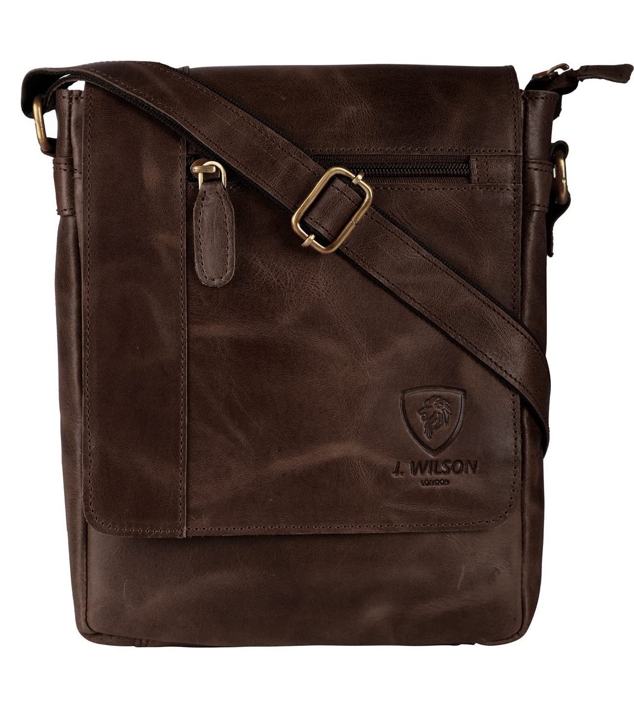 J. Wilson London 100% Pure Genuine Real Vintage Hunter Leather Handmade Mens Leather Flapover Everyday Cross-Body Shoulder Work Messenger Bag (Distressed Crunch Brown)