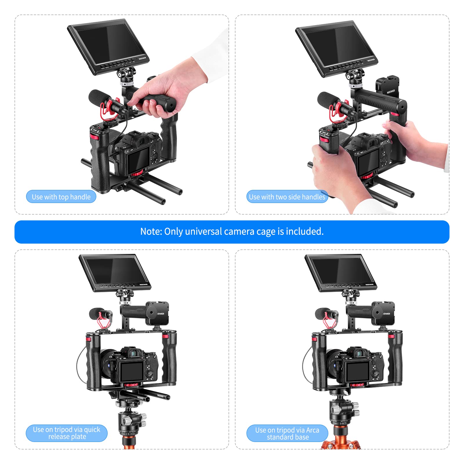 NEEWER Aluminum Alloy Camera Cage, Filmmaking Rig with Top Handle, Dual Grips, Standard Arca Type Base, Compatible with Sony A7S III A7IV A6600 Canon EOS R5C R5 R6 DSLR/Mirrorless Cameras - VS107