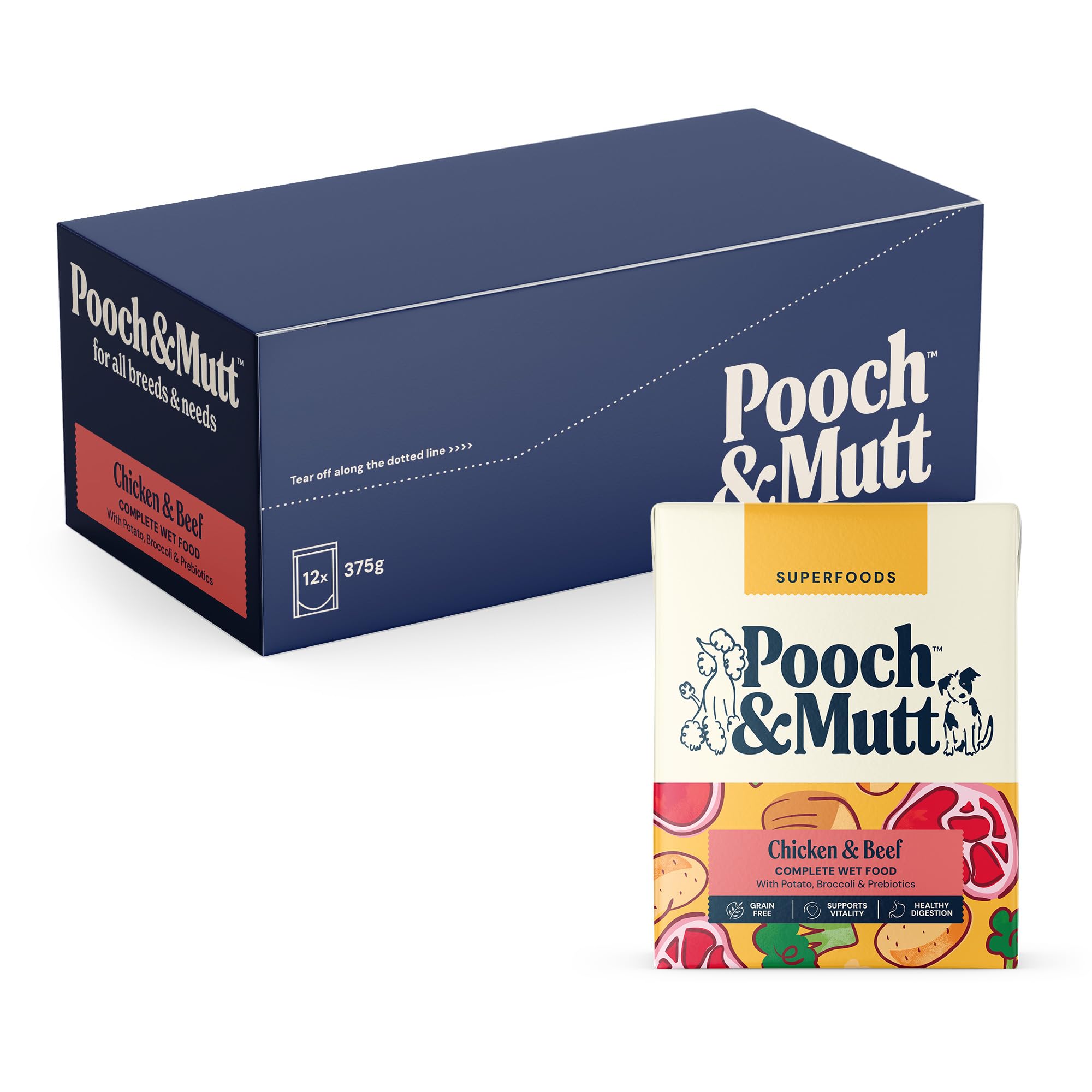 Pooch & Mutt - Chicken & Beef, Complete Wet Dog Food Grain Free, Dry Dog Food Topper, 12x375g (packaging may vary)