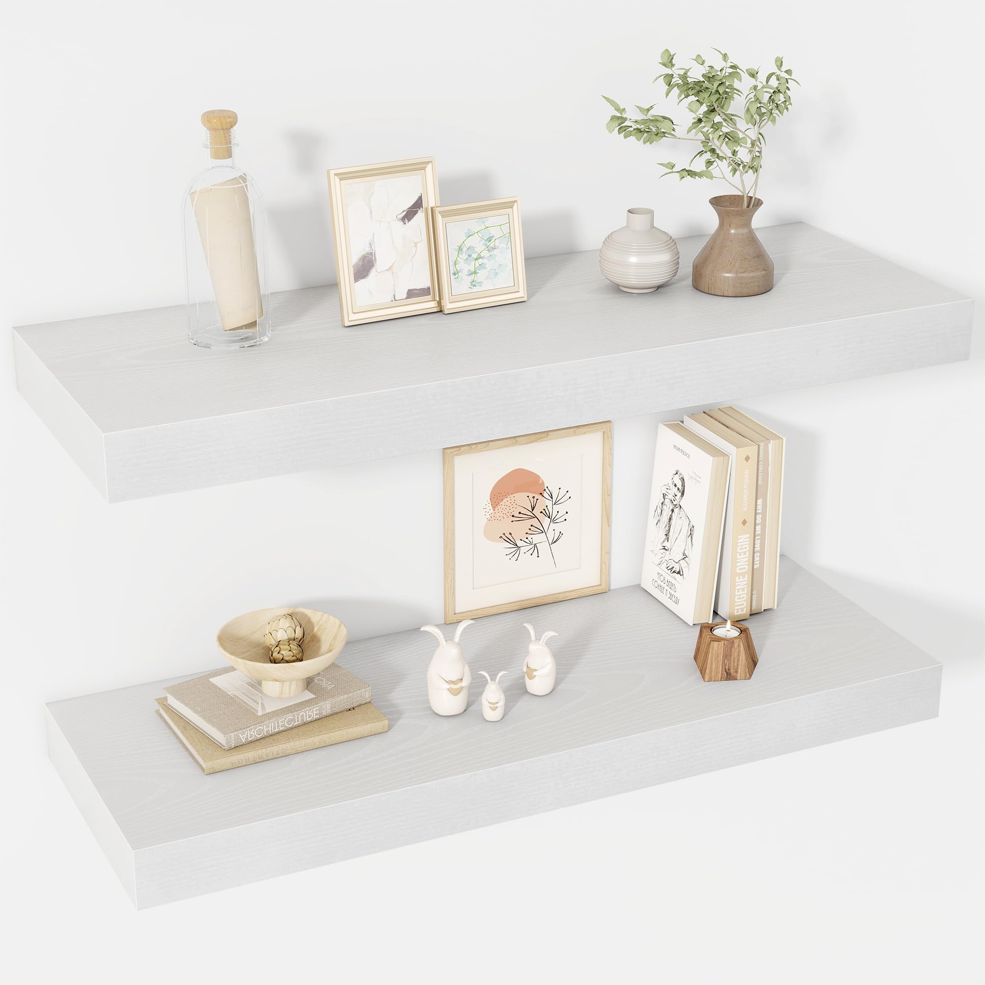 Acovy 30 Inch Floating Shelves, 12" Deep Floating Shelf Wall Mounted, 30" Wall Shelves, Rustic Deep Bookshelf, Extra Deeper & Thicker Display Shelves for Bedroom, Living Room, White, Set of 2