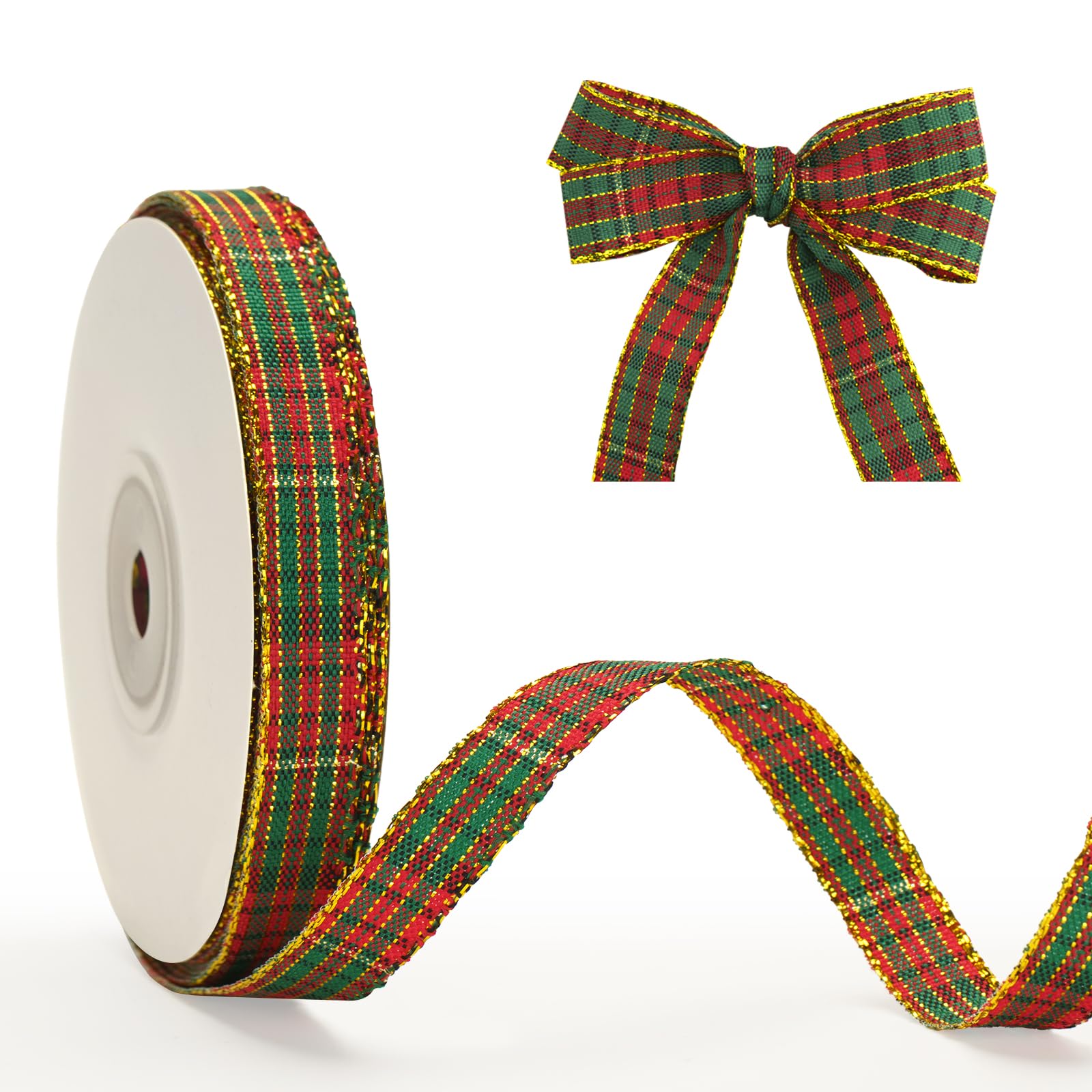 G2PLUS Red Green Gold Christmas Ribbon 10mm: 25 Yards Tartan Ribbons for Gift Wrapping, Plaid Gold Edge for Christmas Crafting, Bows Making