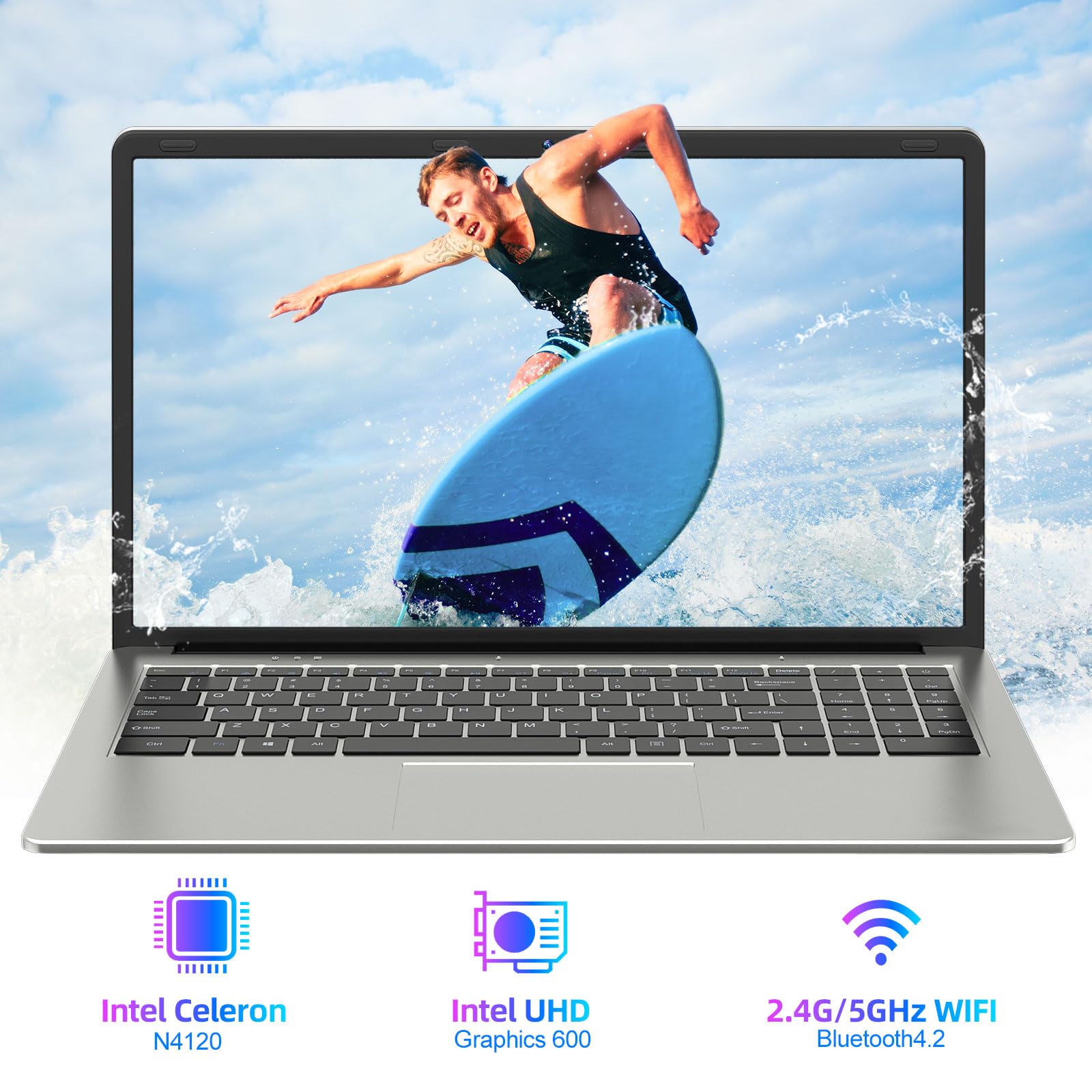 SGIN Laptop 15.6 Inch, 4GB DDR4 128GB SSD Laptops Computer with Intel Celeron Quad Core Processor, Intel UHD Graphics 600, Mini HDMI, Webcam, 2.4G/5GHz WiFi, 2*USB3.2, Bluetooth4.2